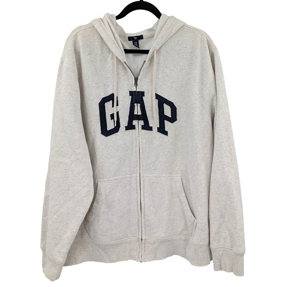 Gap Logo Hoodie XXL Cream Full Zip Sweatshirt Spell Out Applique Y2K Womens